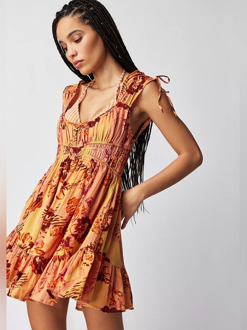 Free People Vernon Sunshine Babydoll Floral Cotton Mini Dress Orange Multi Med